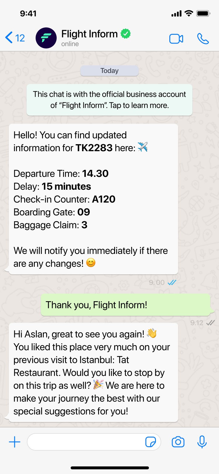WhatsApp chat from the Flight Inform business account showing real-time flight information for flight TK2283: departure, delay, check-in counter, gate and baggage claim.